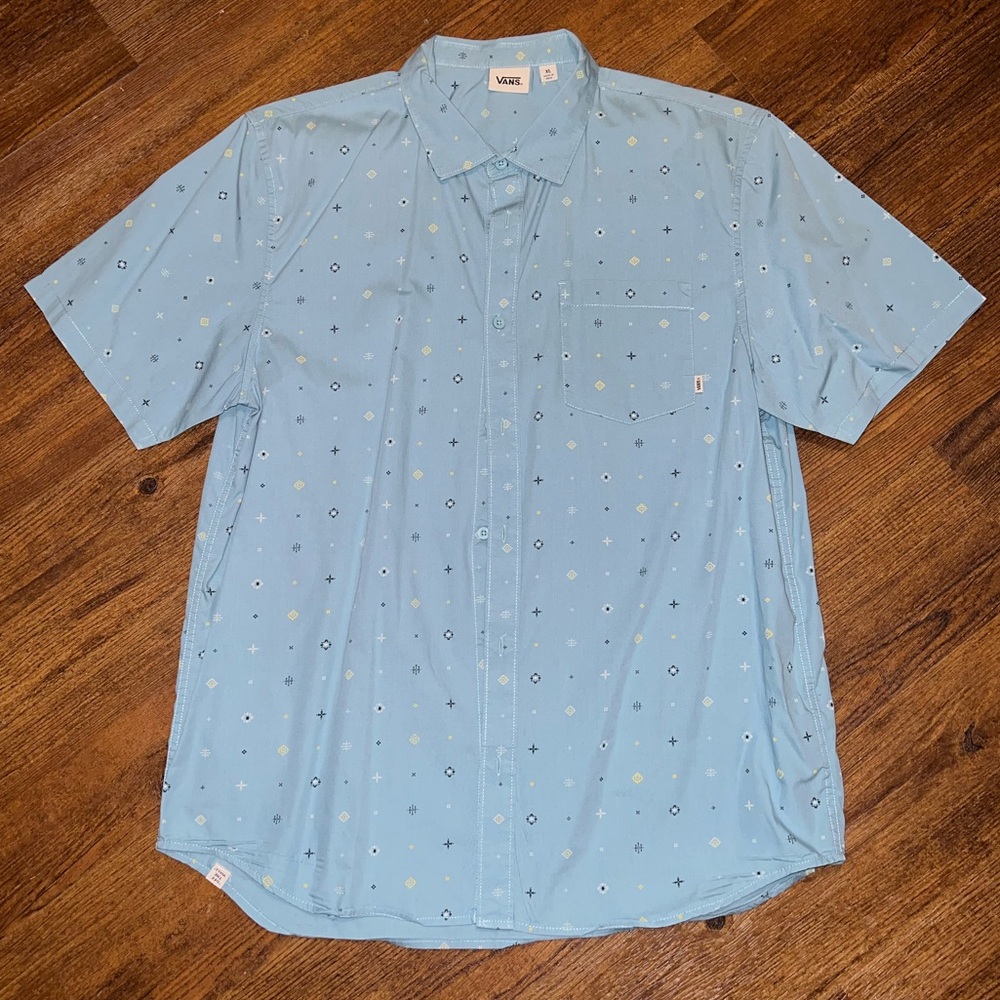 Vans Light Blue Printed Retro Short Sleeve Button Up Shirt Cotton Size XL